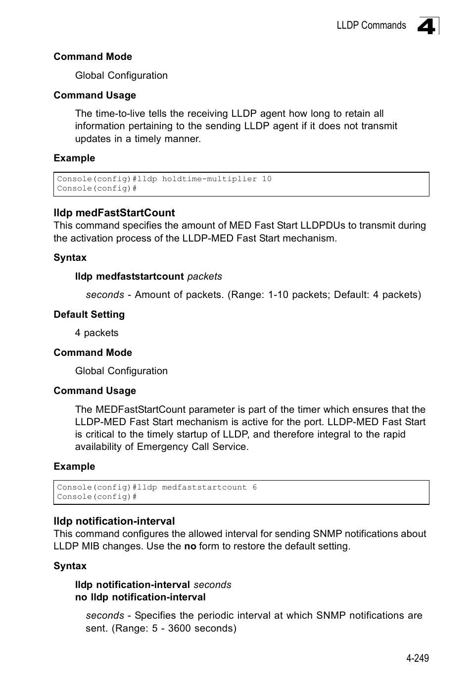 Lldp medfaststartcount, Lldp notification-interval | SMC Networks SMC Tiger 10/100 SMC6128PL2 User Manual | Page 557 / 664