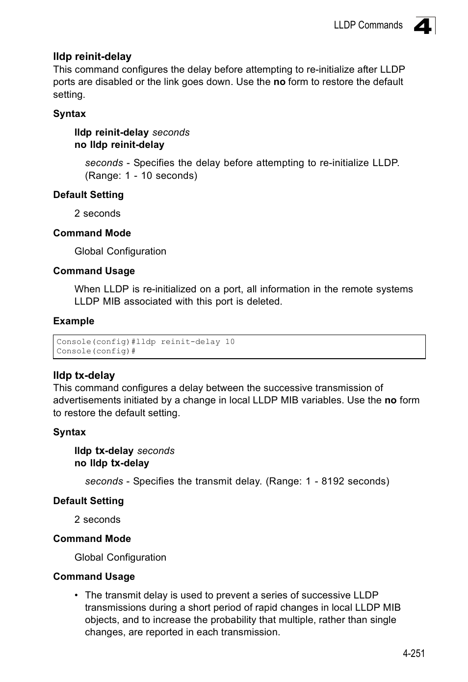 Lldp reinit-delay, Lldp tx-delay | SMC Networks SMC Tiger 10/100 SMC6128PL2 User Manual | Page 559 / 664