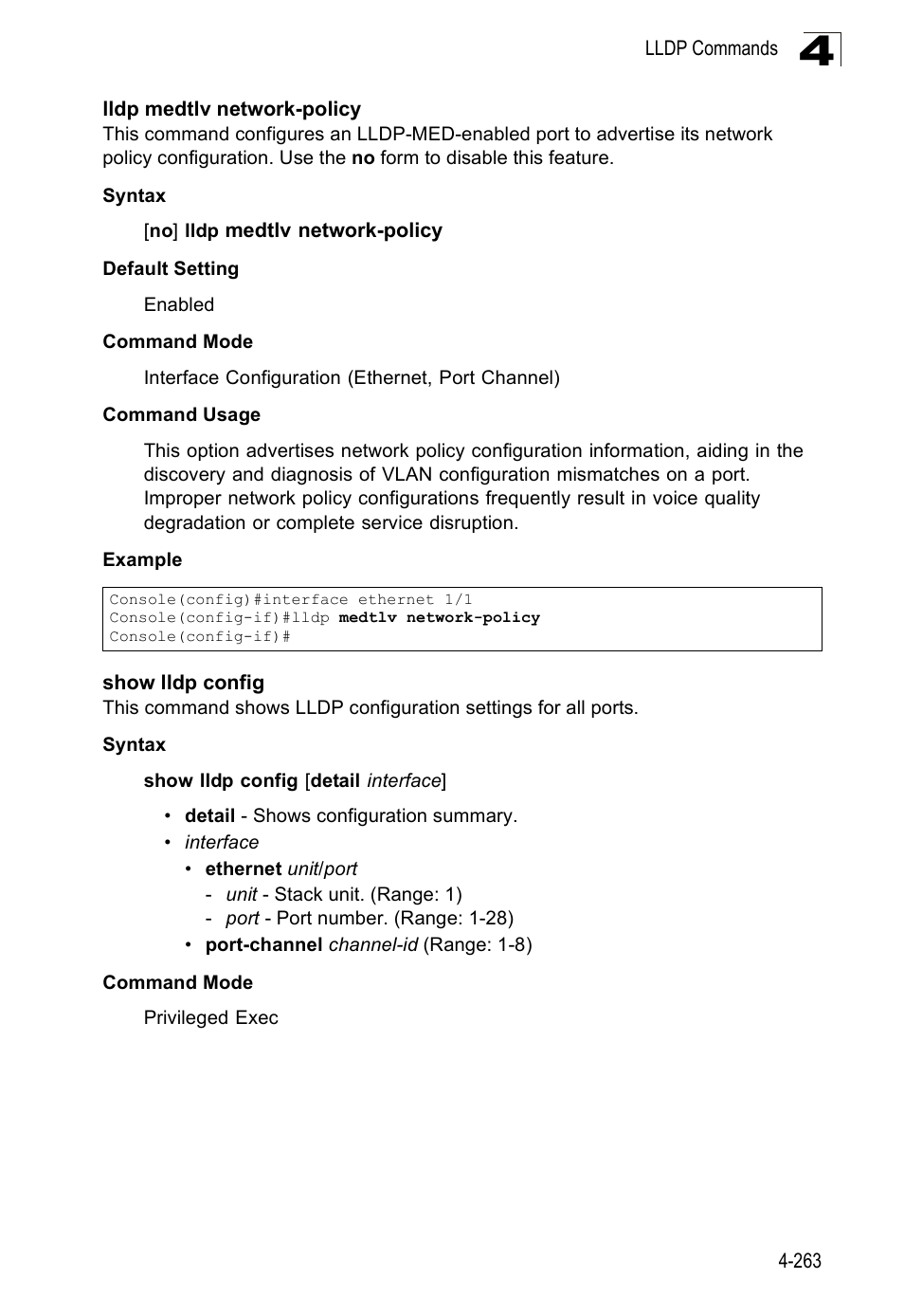 Lldp medtlv network-policy, Show lldp config | SMC Networks SMC Tiger 10/100 SMC6128PL2 User Manual | Page 571 / 664