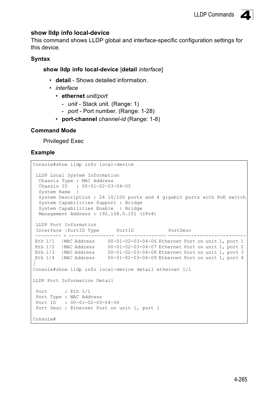 Show lldp info local-device | SMC Networks SMC Tiger 10/100 SMC6128PL2 User Manual | Page 573 / 664