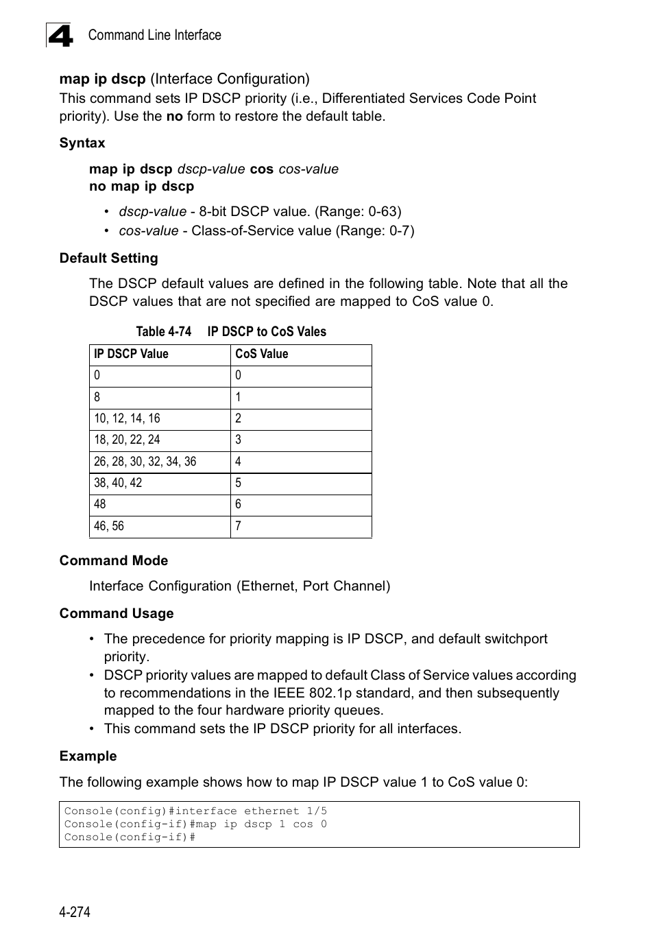 Map ip dscp (interface configuration), Table 4-74, Ip dscp to cos vales | SMC Networks SMC Tiger 10/100 SMC6128PL2 User Manual | Page 582 / 664