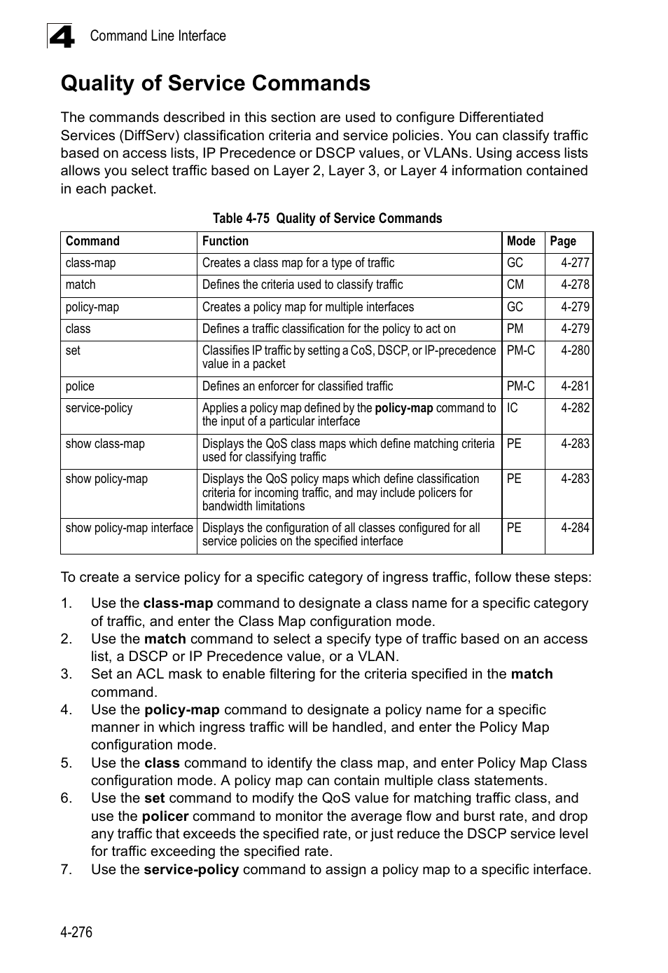 Quality of service commands, Table 4-75 | SMC Networks SMC Tiger 10/100 SMC6128PL2 User Manual | Page 584 / 664