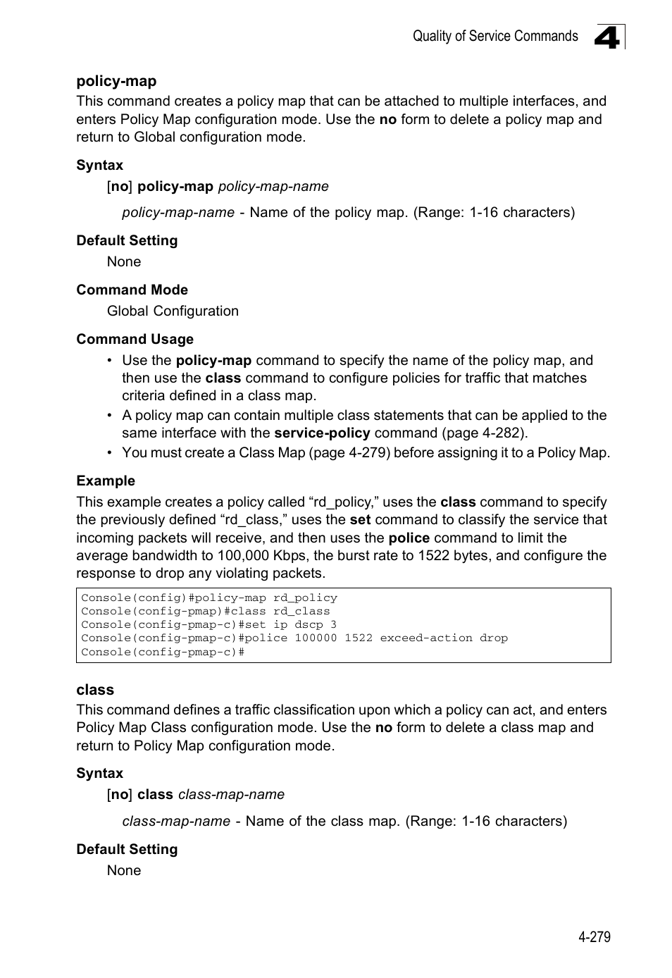 Policy-map 4-279 class 4-279 | SMC Networks SMC Tiger 10/100 SMC6128PL2 User Manual | Page 587 / 664