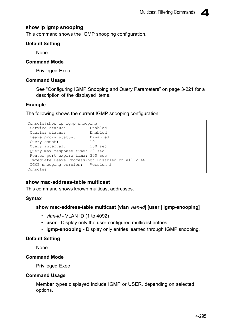 Show ip igmp snooping, Show mac-address-table multicast | SMC Networks SMC Tiger 10/100 SMC6128PL2 User Manual | Page 603 / 664