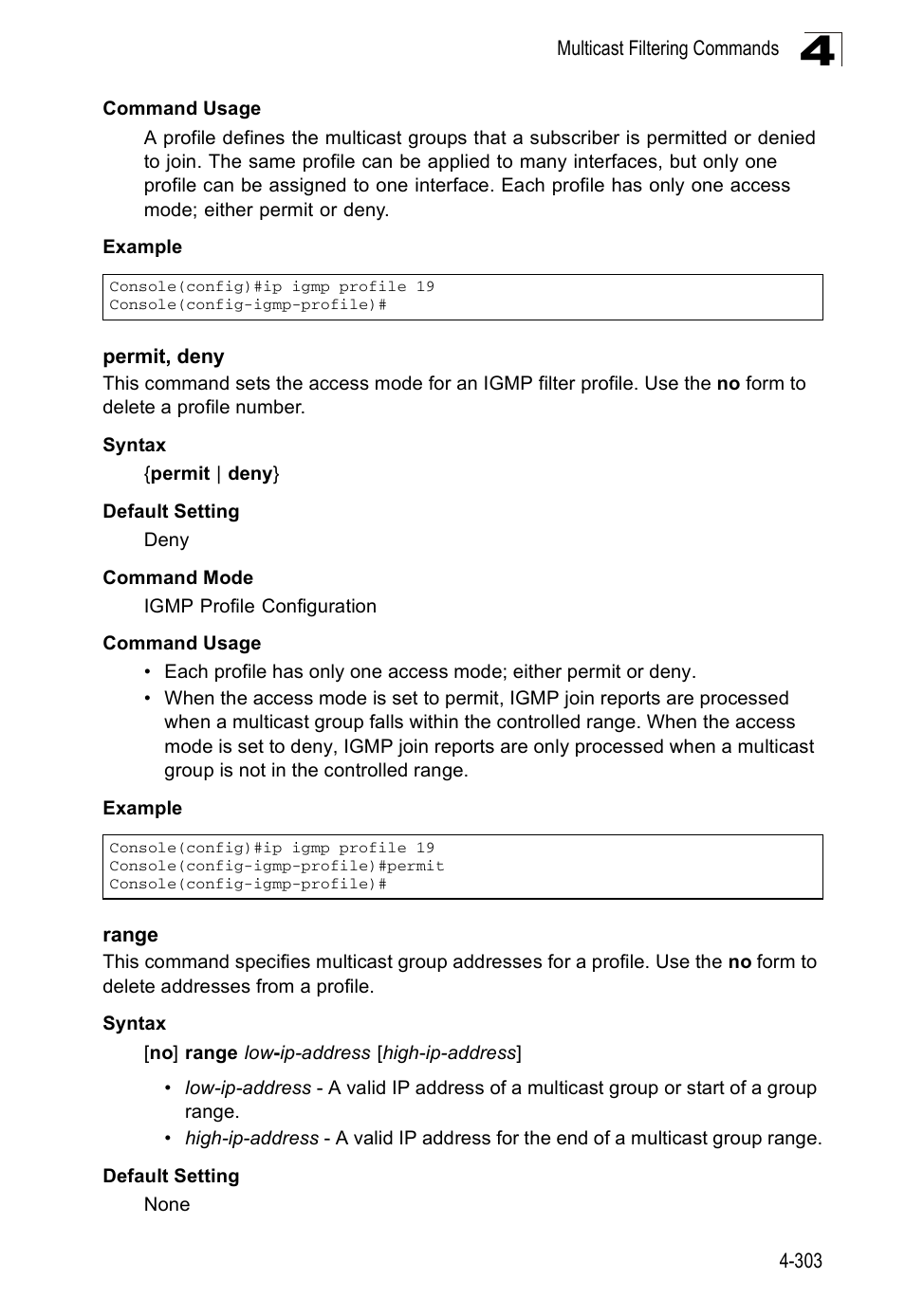 Permit, deny, Range 4-303 | SMC Networks SMC Tiger 10/100 SMC6128PL2 User Manual | Page 611 / 664