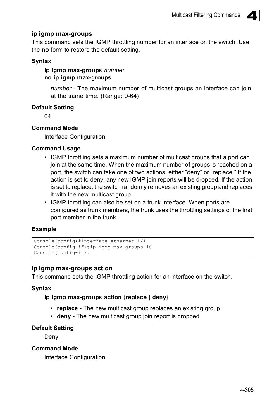 Ip igmp max-groups, Ip igmp max-groups action | SMC Networks SMC Tiger 10/100 SMC6128PL2 User Manual | Page 613 / 664