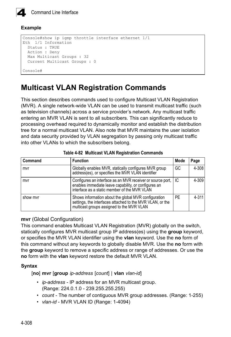 Multicast vlan registration commands, Mvr (global configuration), Table 4-82 | SMC Networks SMC Tiger 10/100 SMC6128PL2 User Manual | Page 616 / 664