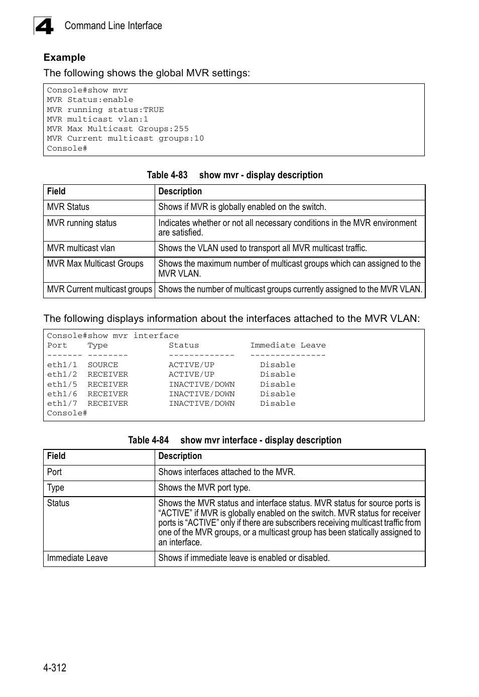 Table 4-83, Show mvr - display description, Table 4-84 | Show mvr interface - display description | SMC Networks SMC Tiger 10/100 SMC6128PL2 User Manual | Page 620 / 664