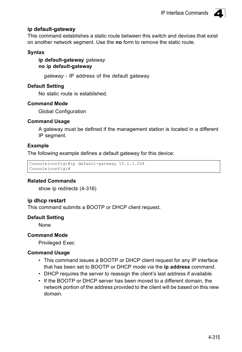 Ip default-gateway, Ip dhcp restart | SMC Networks SMC Tiger 10/100 SMC6128PL2 User Manual | Page 623 / 664