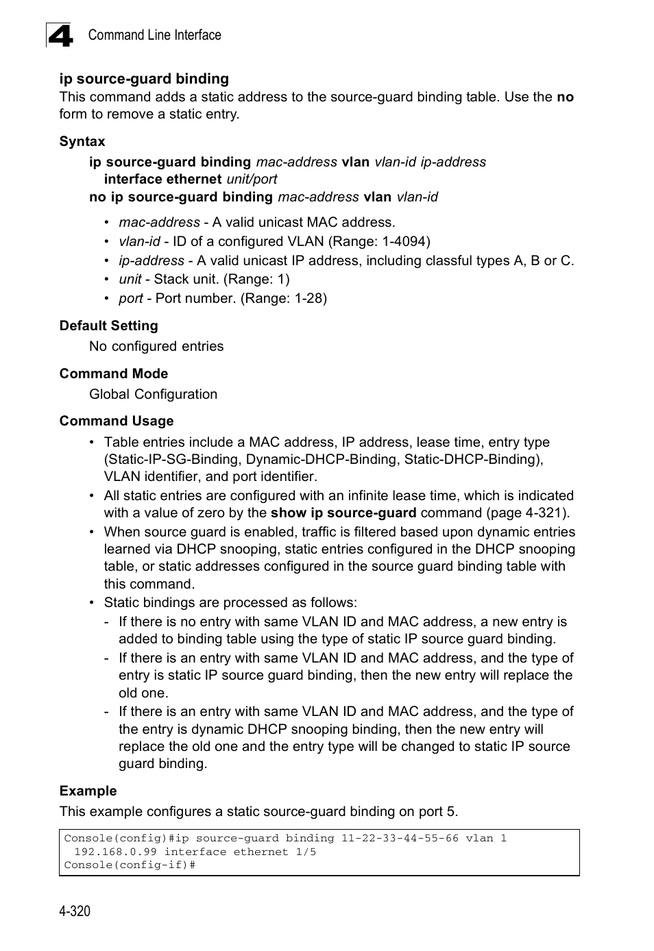 Ip source-guard binding, Source-guard binding c, Ip source-guard binding (4-320) | SMC Networks SMC Tiger 10/100 SMC6128PL2 User Manual | Page 628 / 664