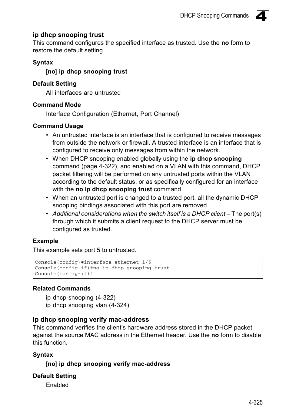 Ip dhcp snooping trust, Ip dhcp snooping verify mac-address, No ip dhcp snooping trust | Ip dhcp snooping trust (4-325), Ip dhcp snooping trust c | SMC Networks SMC Tiger 10/100 SMC6128PL2 User Manual | Page 633 / 664