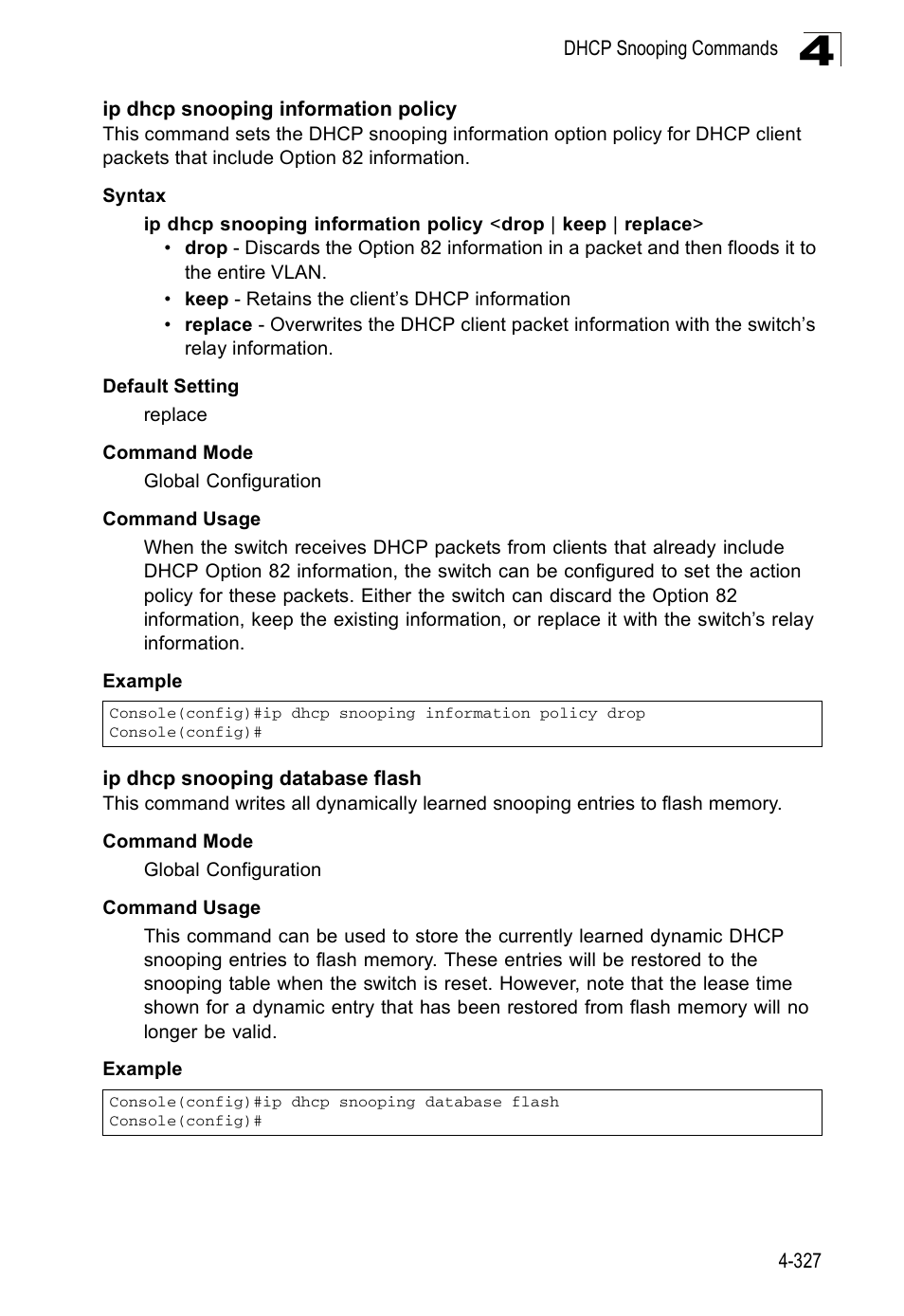 Ip dhcp snooping information policy, Ip dhcp snooping database flash | SMC Networks SMC Tiger 10/100 SMC6128PL2 User Manual | Page 635 / 664