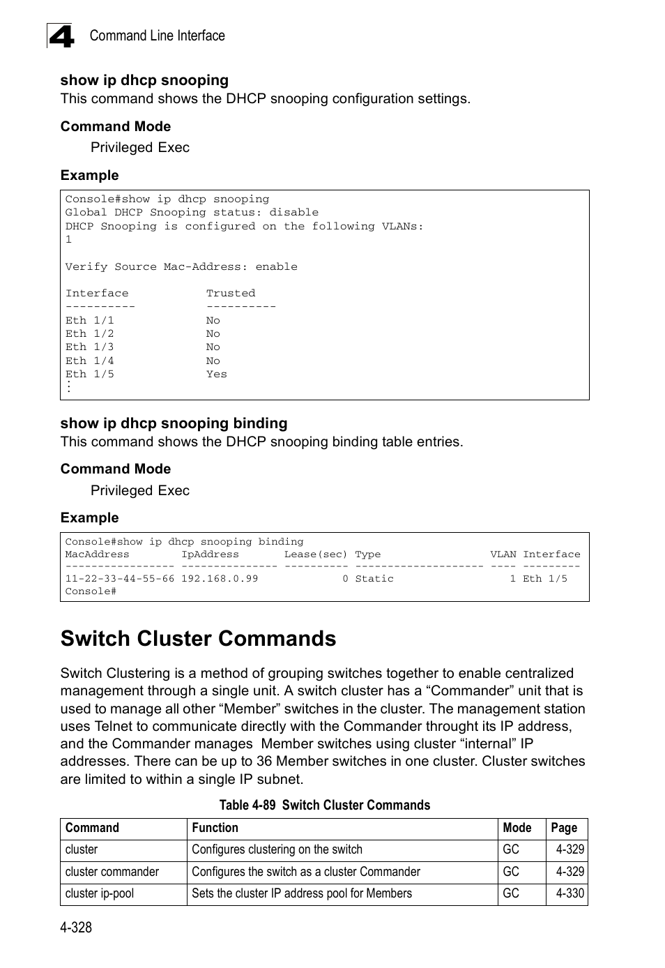 Show ip dhcp snooping, Show ip dhcp snooping binding, Switch cluster commands | Table 4-89 | SMC Networks SMC Tiger 10/100 SMC6128PL2 User Manual | Page 636 / 664