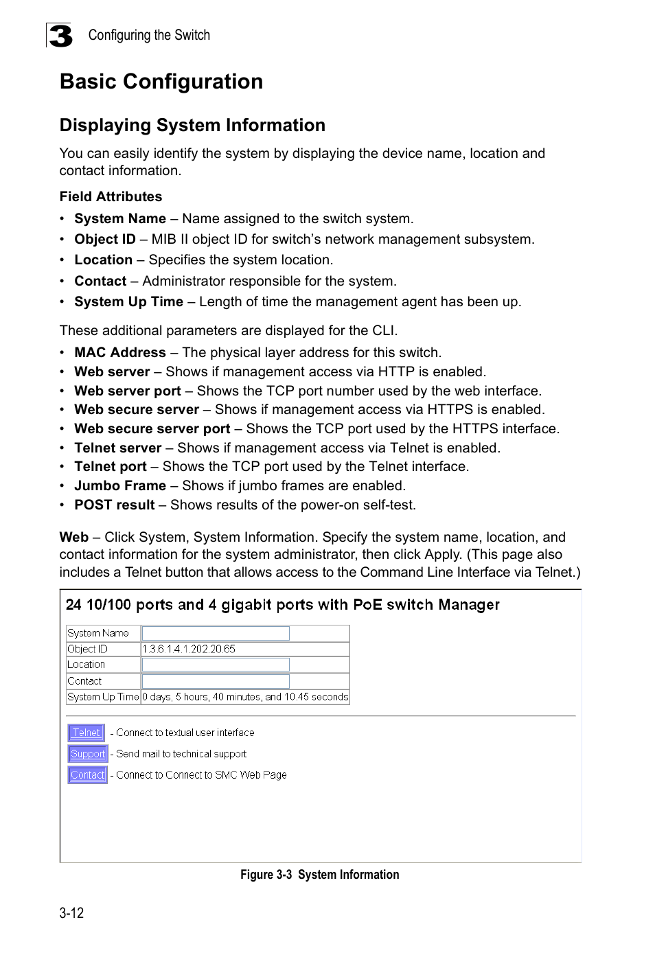 Basic configuration, Displaying system information, Figure 3-3 | System information | SMC Networks SMC Tiger 10/100 SMC6128PL2 User Manual | Page 64 / 664