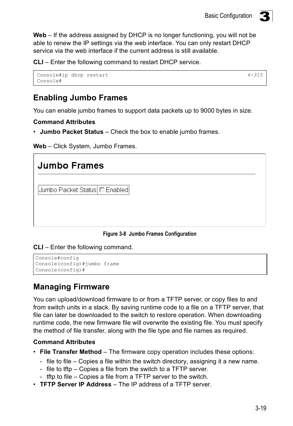 Enabling jumbo frames, Managing firmware, Figure 3-8 | Jumbo frames configuration | SMC Networks SMC Tiger 10/100 SMC6128PL2 User Manual | Page 71 / 664