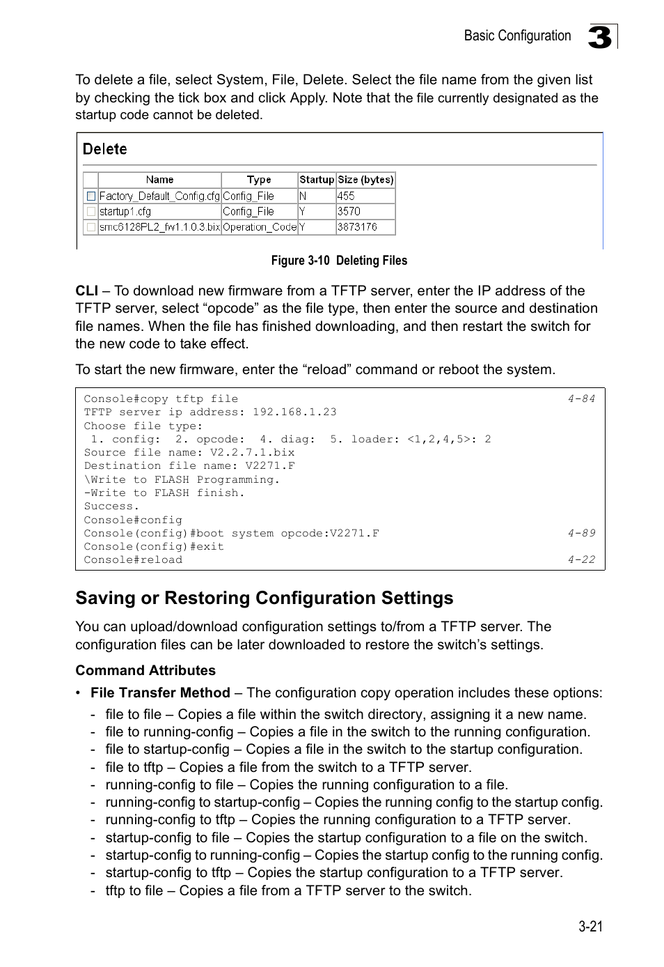 Saving or restoring configuration settings, Figure 3-10 deleting files | SMC Networks SMC Tiger 10/100 SMC6128PL2 User Manual | Page 73 / 664