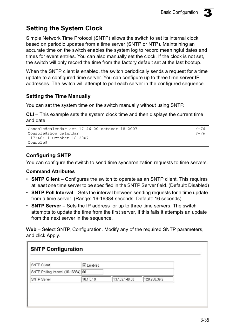 Setting the system clock, Setting the time manually, Configuring sntp | SMC Networks SMC Tiger 10/100 SMC6128PL2 User Manual | Page 87 / 664