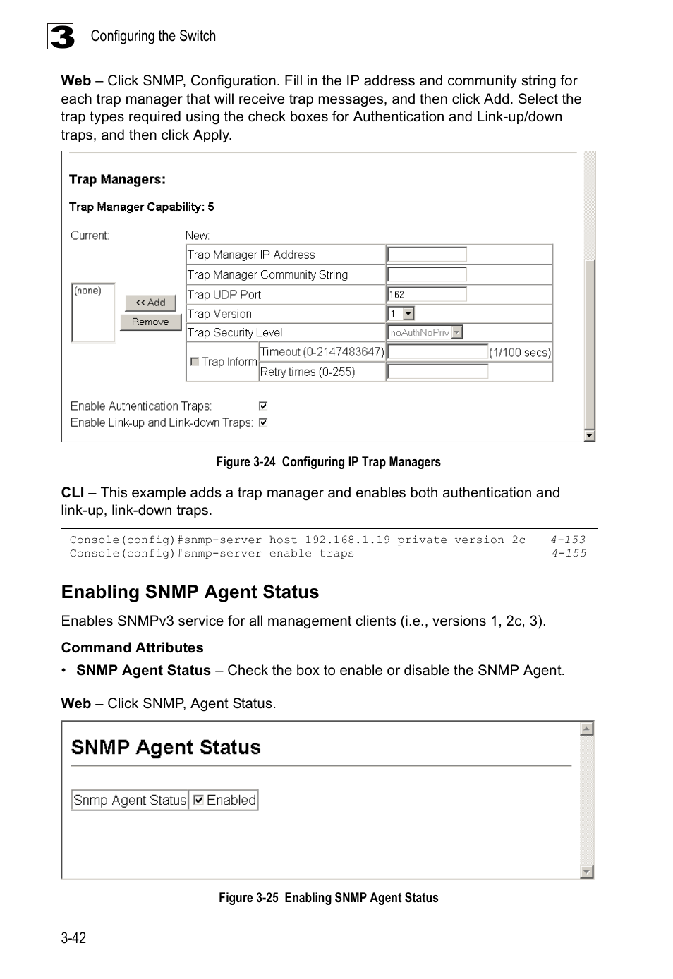 Enabling snmp agent status, Figure 3-24 configuring ip trap managers, Figure 3-25 enabling snmp agent status | SMC Networks SMC Tiger 10/100 SMC6128PL2 User Manual | Page 94 / 664