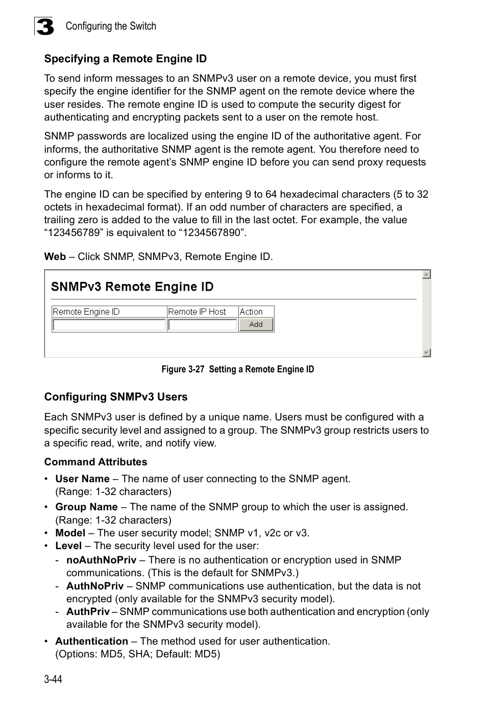 Configuring snmpv3 users, Specifying a remote engine id, Figure 3-27 setting a remote engine id | SMC Networks SMC Tiger 10/100 SMC6128PL2 User Manual | Page 96 / 664