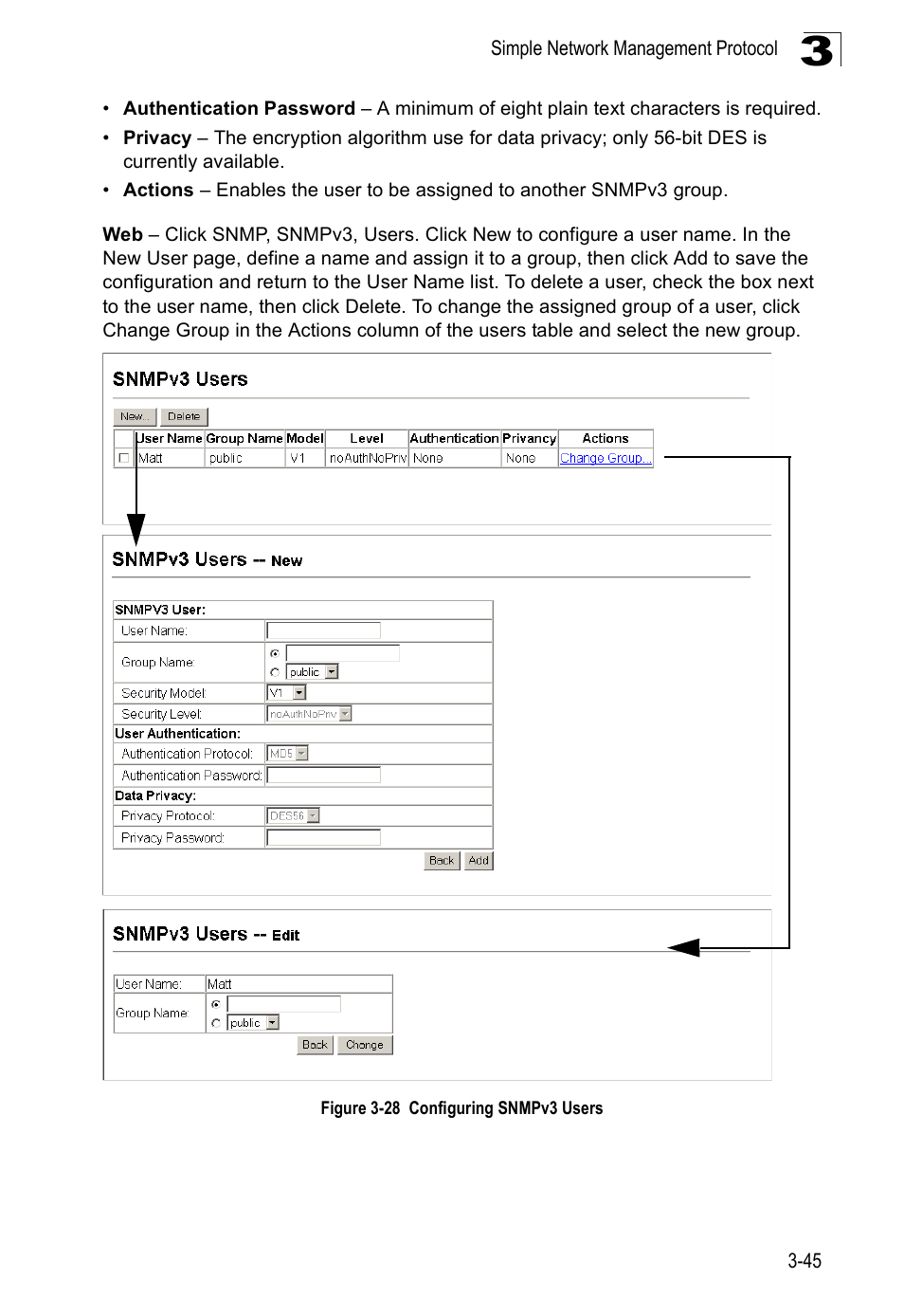 Figure 3-28 configuring snmpv3 users | SMC Networks SMC Tiger 10/100 SMC6128PL2 User Manual | Page 97 / 664