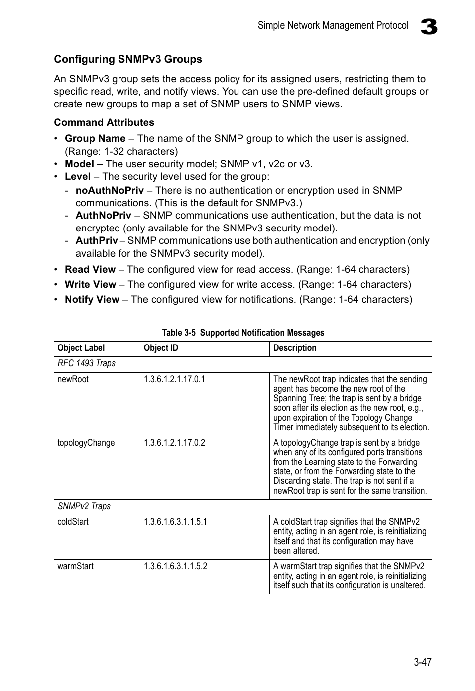 Configuring snmpv3 groups, Table 3-5, Supported notification messages | SMC Networks SMC Tiger 10/100 SMC6128PL2 User Manual | Page 99 / 664