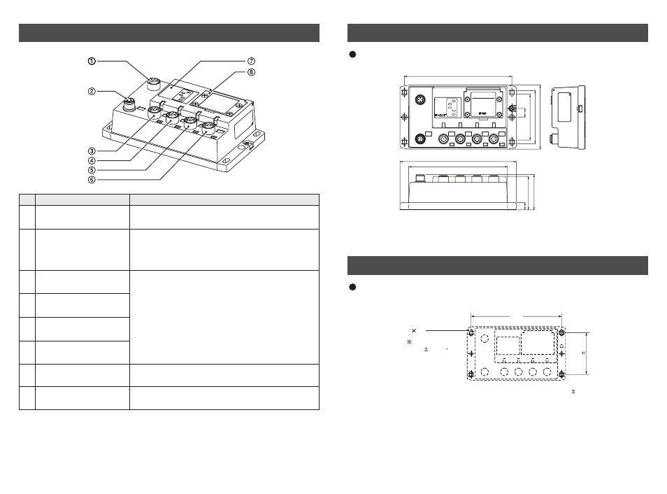 Ex500 part names, Dimensions ( unit : mm ), Installation ( unit : mm ) | Ex500 body, Thread mounting | SMC Networks EtherNet/IP EX500-GEN1 User Manual | Page 5 / 23