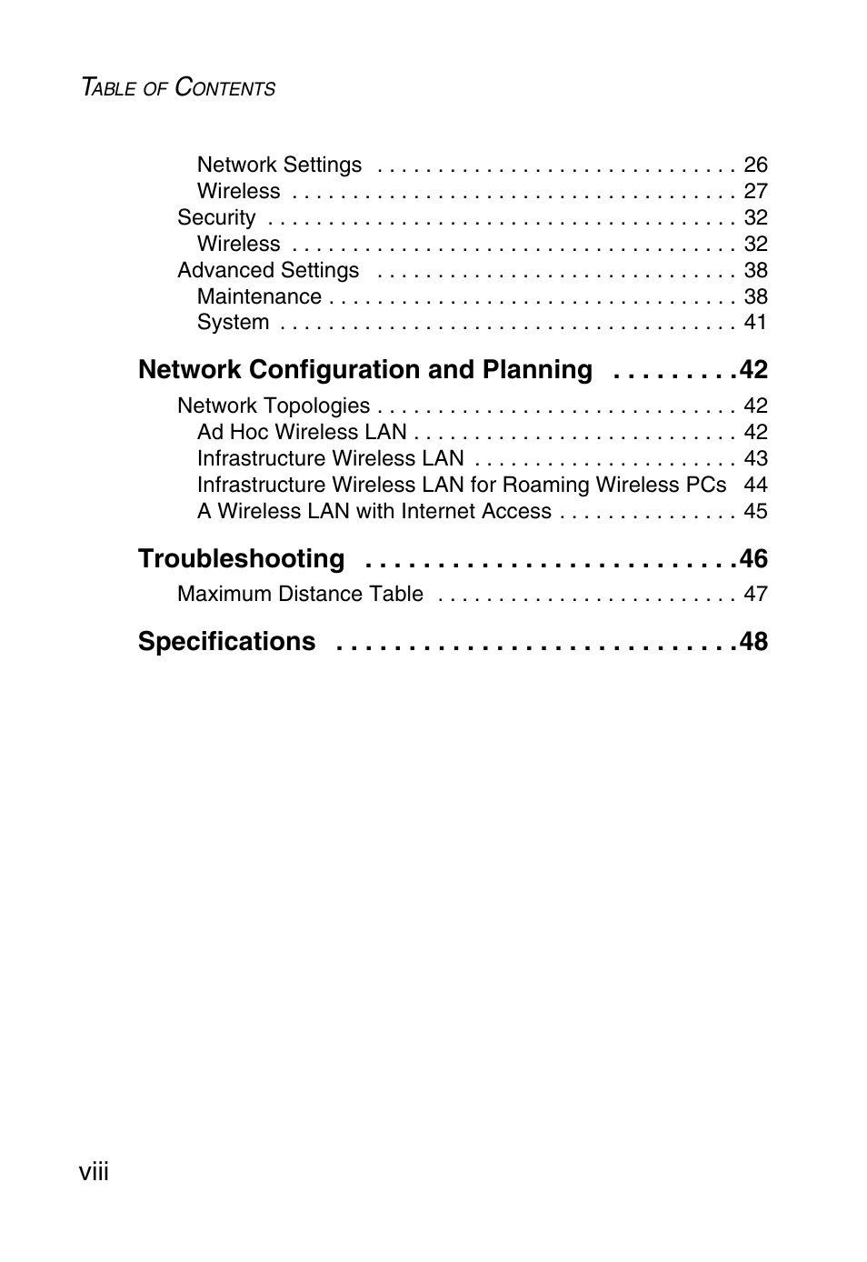 Viii, Network configuration and planning, Troubleshooting | Specifications | SMC Networks SMCWEBT-G User Manual | Page 12 / 66