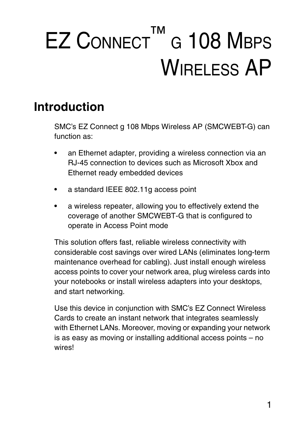 Ez connect™ g 108 mbps wireless ap, Introduction, Ez c | 108 m, Onnect, Ireless | SMC Networks SMCWEBT-G User Manual | Page 13 / 66