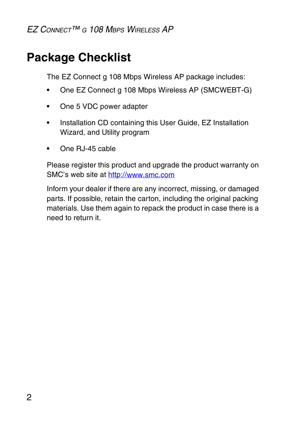 Package checklist, Ez c, 108 m | Ap 2 | SMC Networks SMCWEBT-G User Manual | Page 14 / 66