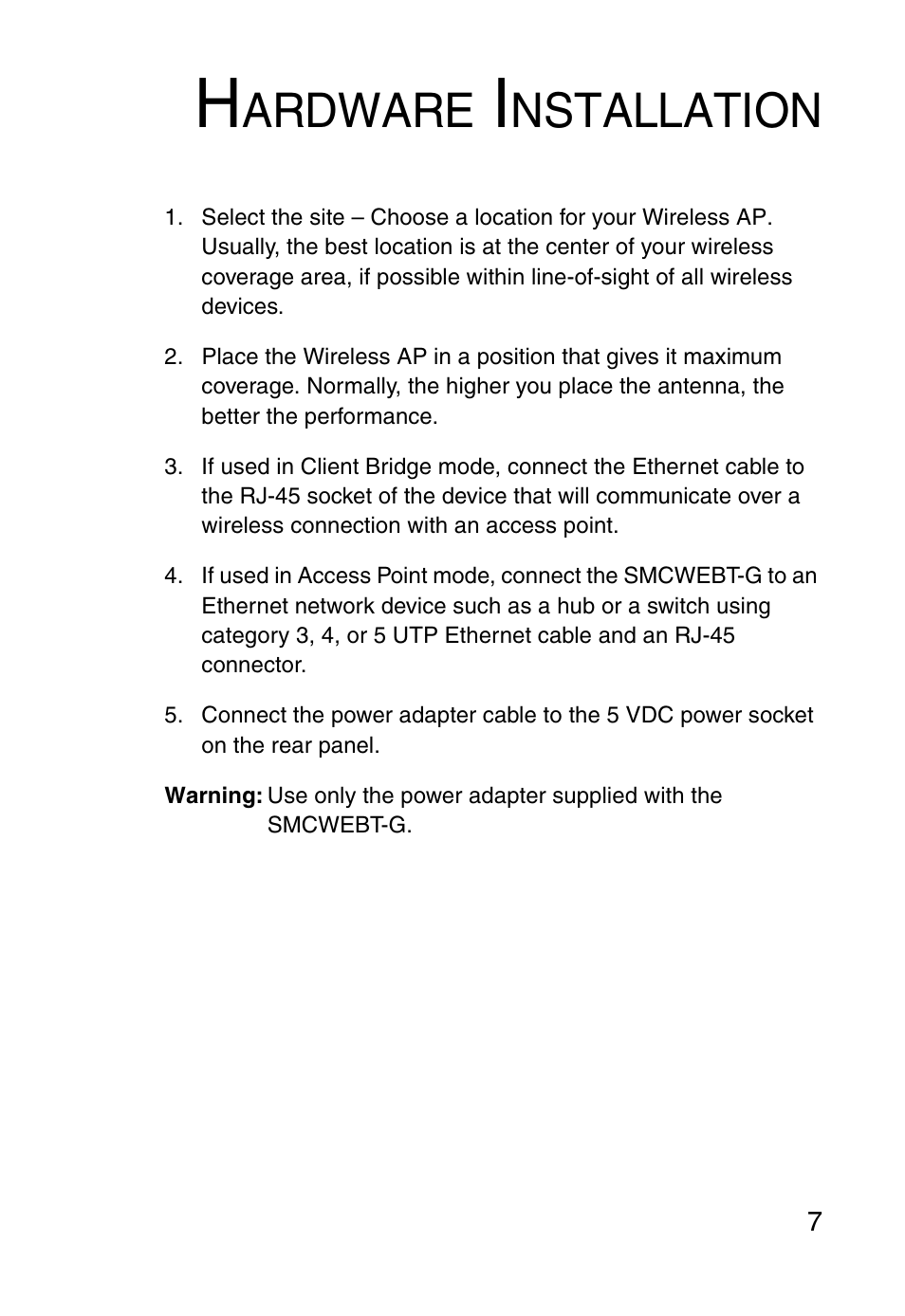 Hardware installation, Ardware, Nstallation | SMC Networks SMCWEBT-G User Manual | Page 19 / 66