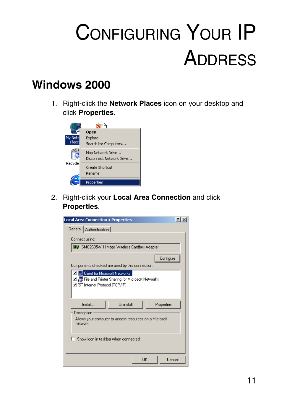 Configuring your ip address, Windows 2000, Ip a | Onfiguring, Ddress | SMC Networks SMCWEBT-G User Manual | Page 23 / 66