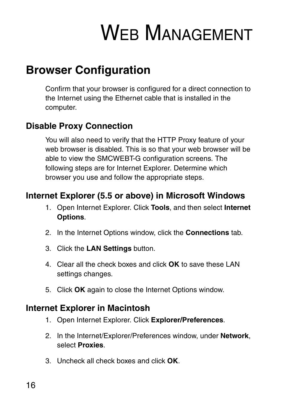 Web management, Browser configuration, Disable proxy connection | Internet explorer in macintosh, Anagement | SMC Networks SMCWEBT-G User Manual | Page 28 / 66