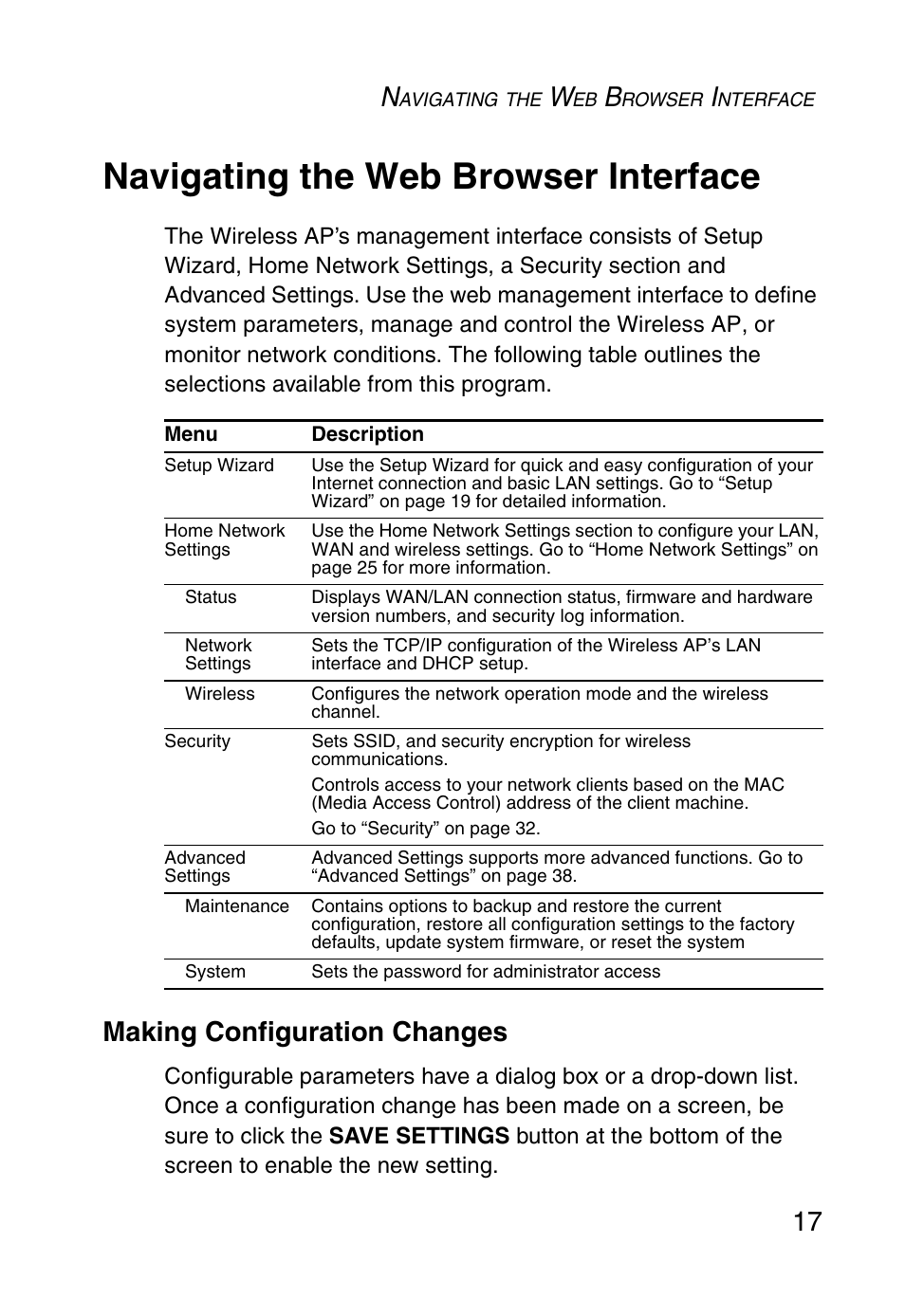 Navigating the web browser interface, Making configuration changes | SMC Networks SMCWEBT-G User Manual | Page 29 / 66