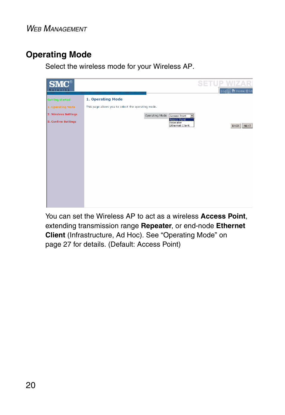 Operating mode | SMC Networks SMCWEBT-G User Manual | Page 32 / 66
