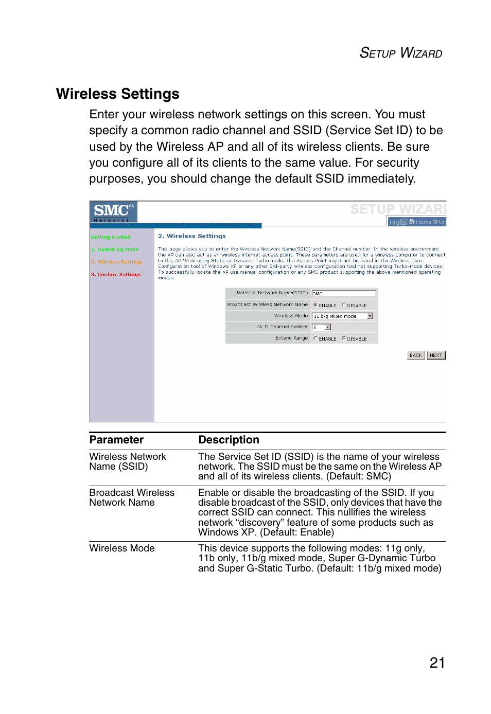 Wireless settings, 21 wireless settings | SMC Networks SMCWEBT-G User Manual | Page 33 / 66