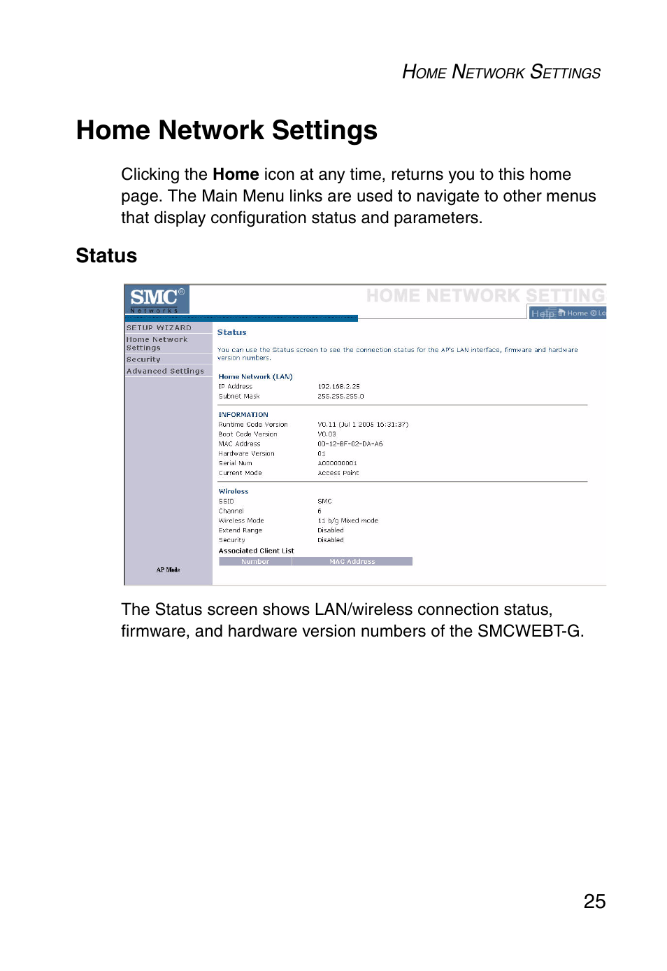 Home network settings, Status | SMC Networks SMCWEBT-G User Manual | Page 37 / 66