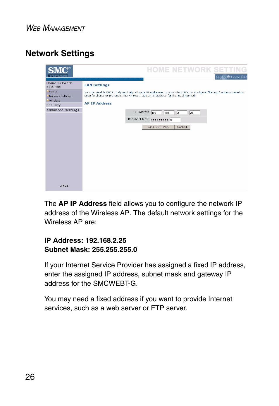 Network settings, 26 network settings | SMC Networks SMCWEBT-G User Manual | Page 38 / 66