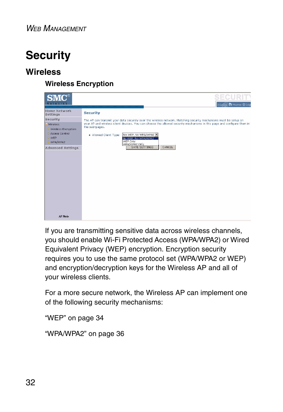 Security, Wireless | SMC Networks SMCWEBT-G User Manual | Page 44 / 66