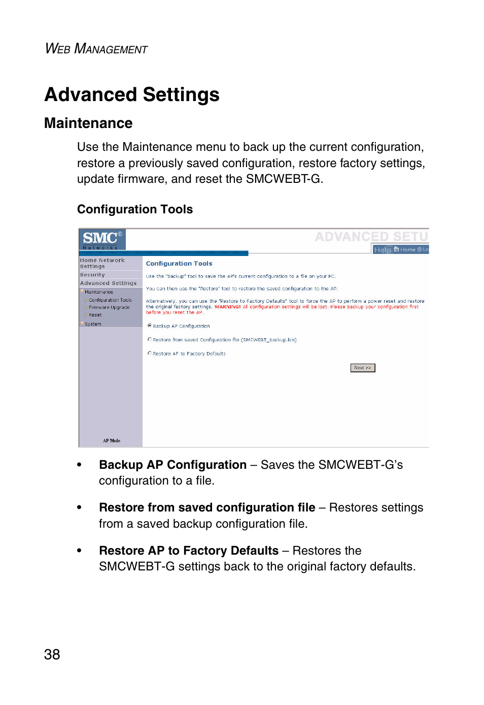Advanced settings, Maintenance | SMC Networks SMCWEBT-G User Manual | Page 50 / 66