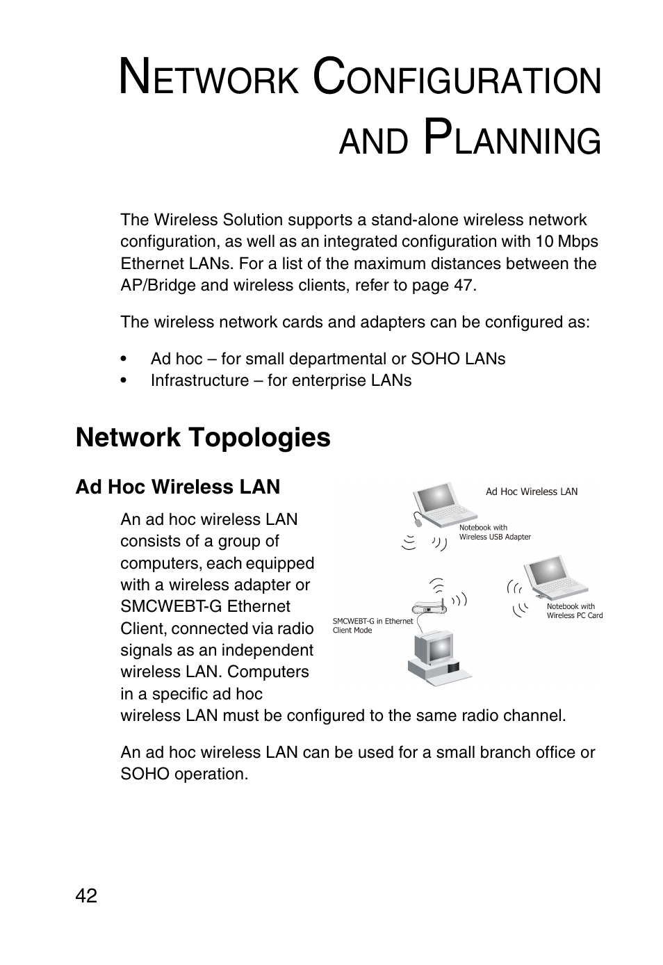 Network configuration and planning, Network topologies, Ad hoc wireless lan | Etwork, Onfiguration and, Lanning | SMC Networks SMCWEBT-G User Manual | Page 54 / 66