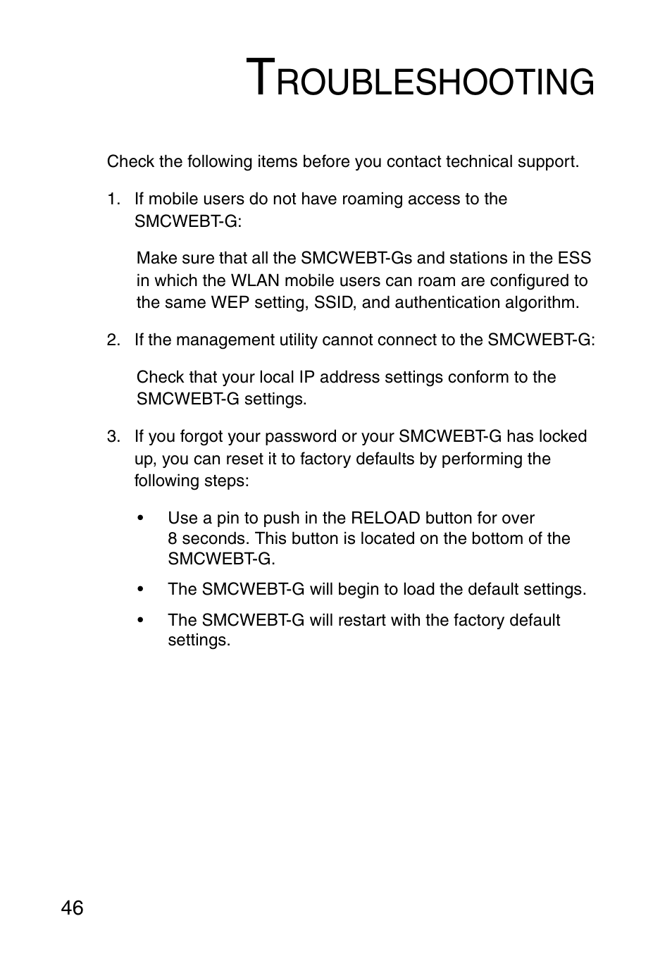 Troubleshooting, Roubleshooting | SMC Networks SMCWEBT-G User Manual | Page 58 / 66