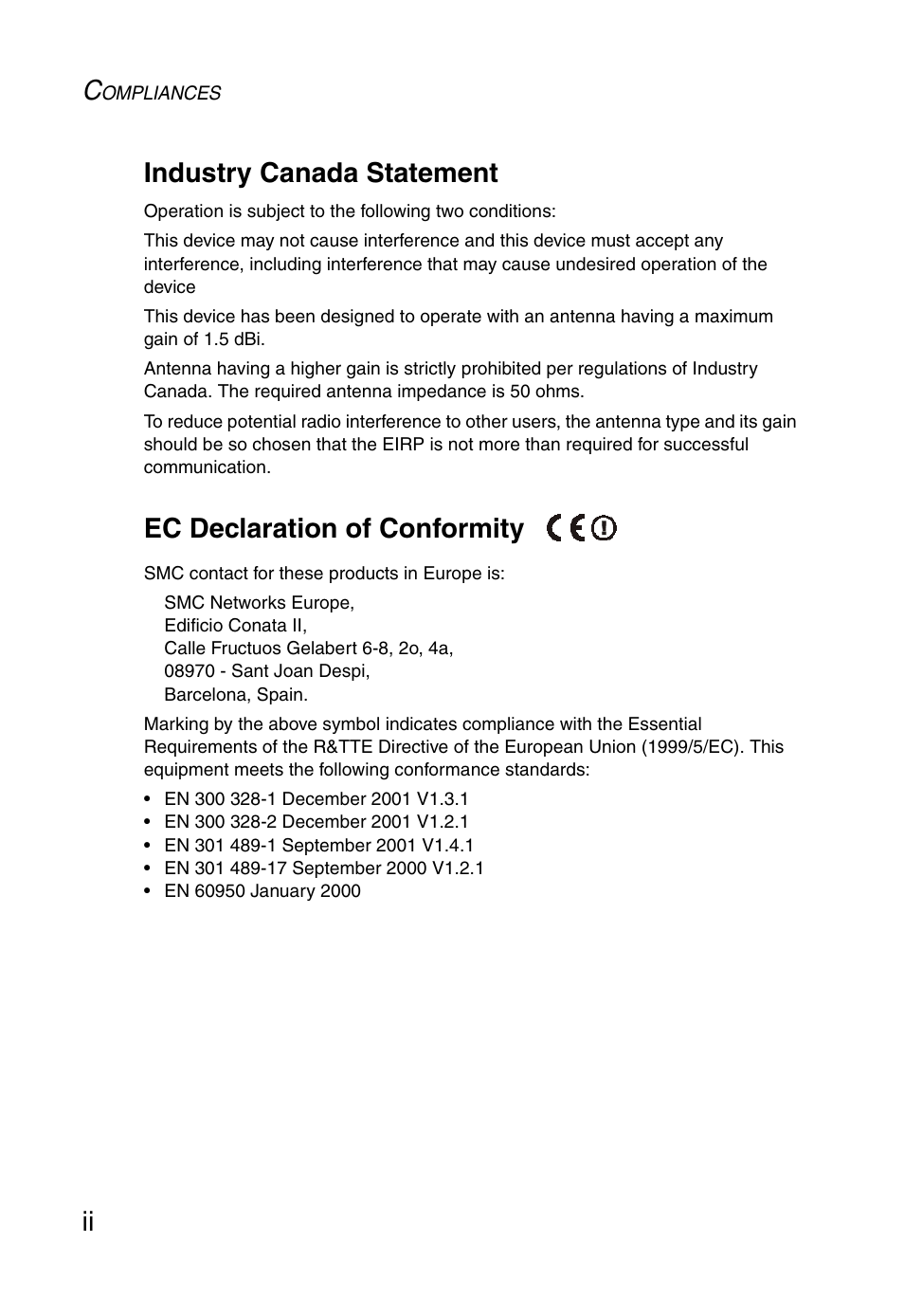 Ii industry canada statement, Ec declaration of conformity | SMC Networks SMCWEBT-G User Manual | Page 6 / 66