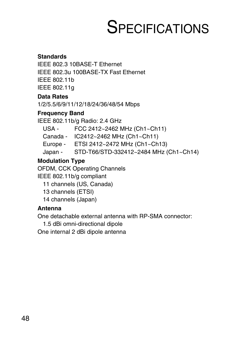 Specifications, Pecifications | SMC Networks SMCWEBT-G User Manual | Page 60 / 66
