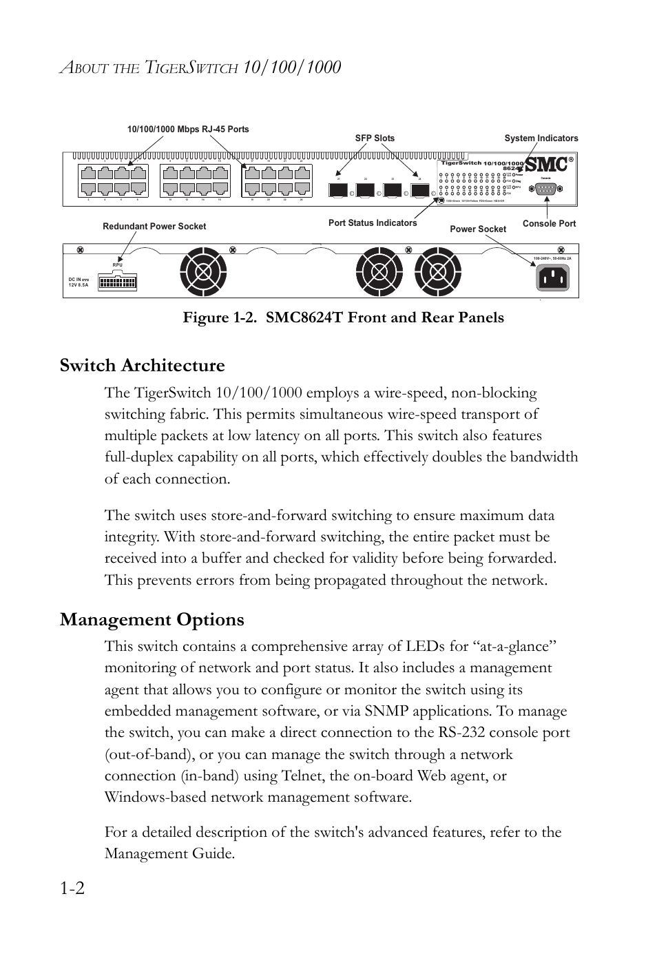 Switch architecture, Management options, Switch architecture -2 management options -2 | Figure 1-2, Smc8624t front and rear panels -2, Bout, Iger, Witch | SMC Networks TIGERSWITCH SMC8648T User Manual | Page 22 / 80
