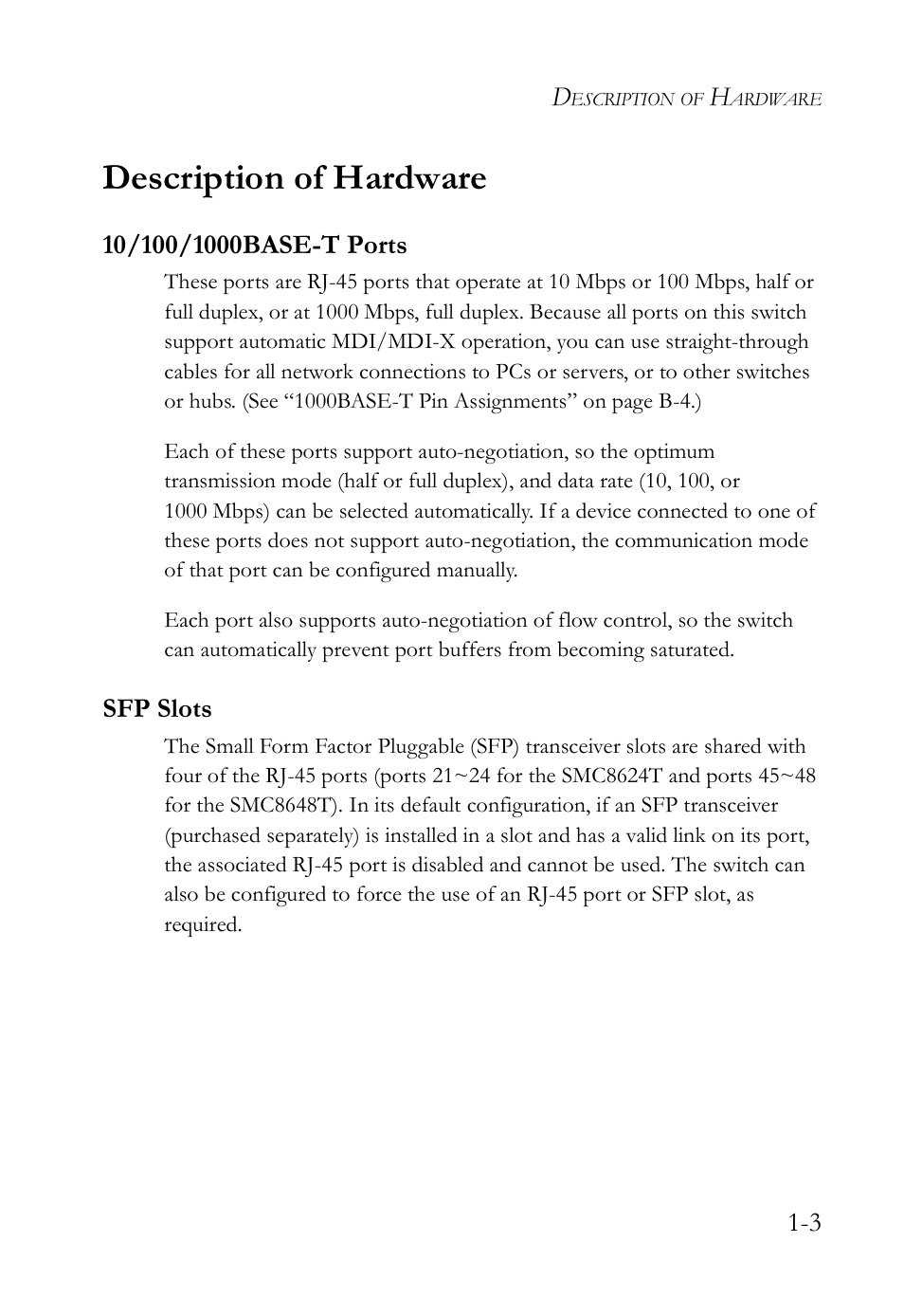 Description of hardware, 10/100/1000base-t ports, Sfp slots | Description of hardware -3, 10/100/1000base-t ports -3 sfp slots -3 | SMC Networks TIGERSWITCH SMC8648T User Manual | Page 23 / 80