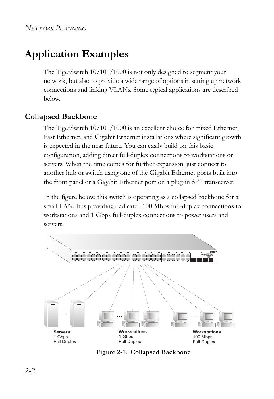 Application examples, Collapsed backbone, Application examples -2 | Collapsed backbone -2, Figure 2-1 | SMC Networks TIGERSWITCH SMC8648T User Manual | Page 32 / 80