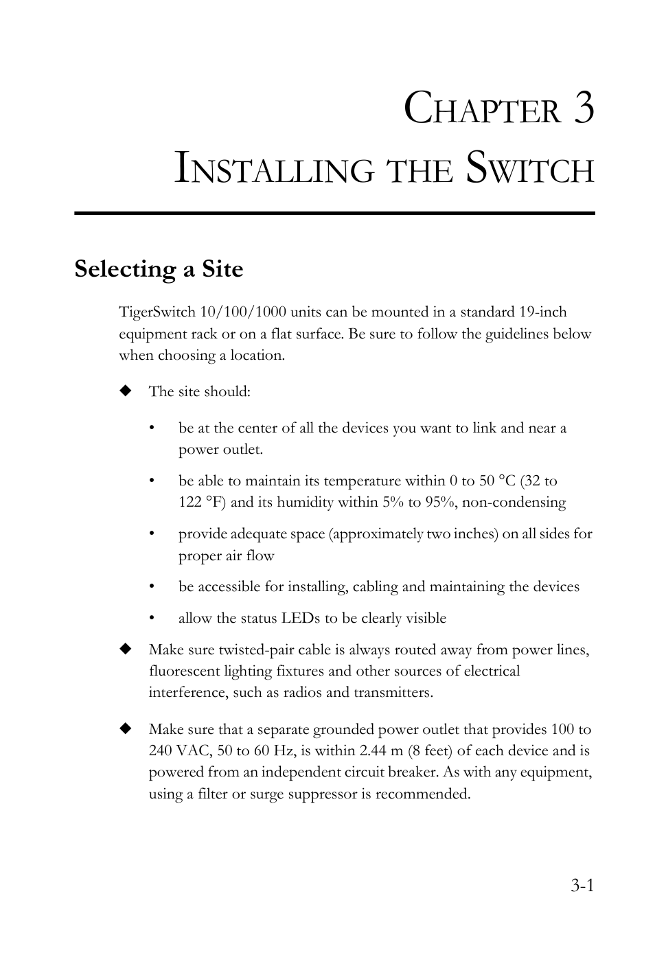 Chapter 3 installing the switch, Selecting a site, Installing the switch -1 | Selecting a site -1, Hapter, Nstalling, Witch | SMC Networks TIGERSWITCH SMC8648T User Manual | Page 37 / 80