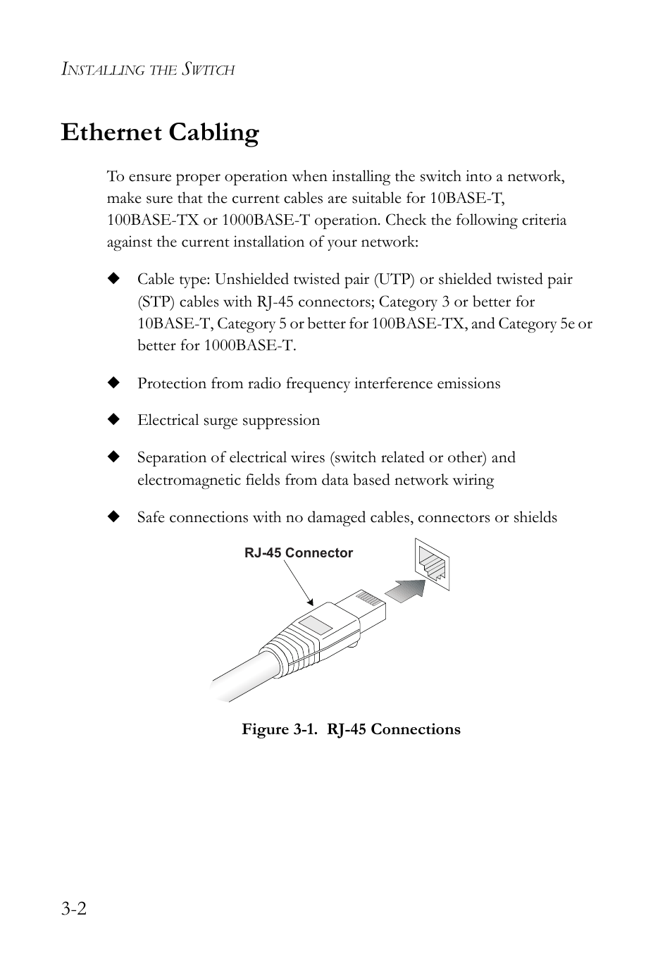 Ethernet cabling, Ethernet cabling -2, Figure 3-1 | Rj-45 connections -2 | SMC Networks TIGERSWITCH SMC8648T User Manual | Page 38 / 80