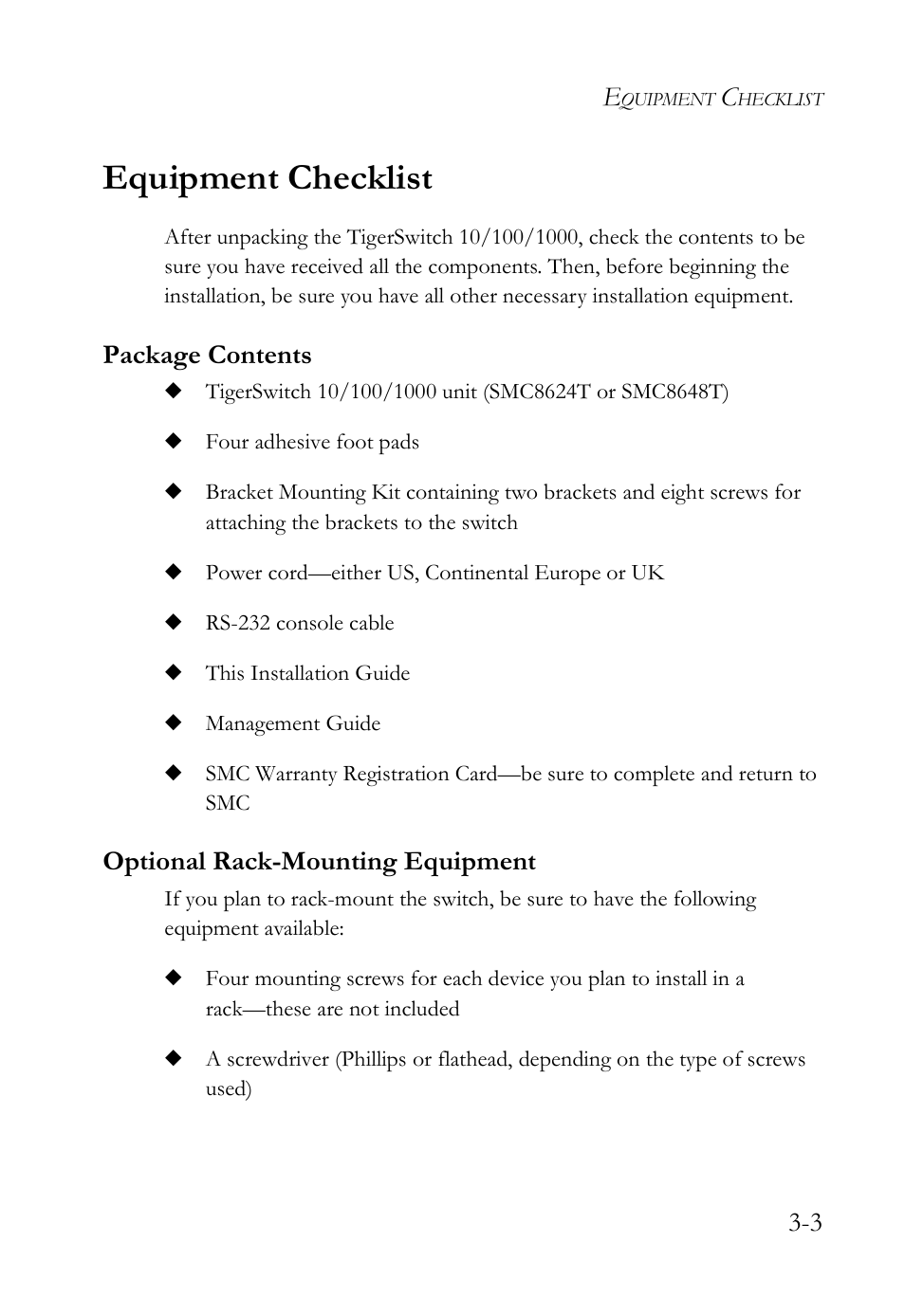 Equipment checklist, Package contents, Optional rack-mounting equipment | Equipment checklist -3 | SMC Networks TIGERSWITCH SMC8648T User Manual | Page 39 / 80