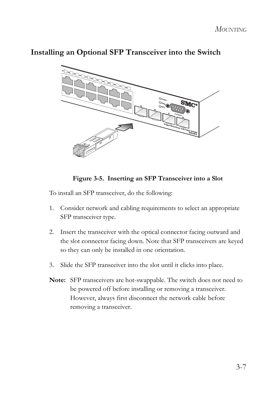 Figure 3-5, Inserting an sfp transceiver into a slot -7 | SMC Networks TIGERSWITCH SMC8648T User Manual | Page 43 / 80